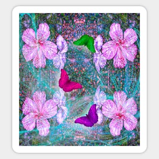 Fabulous pink hibiscus and vibrant butterflies Sticker